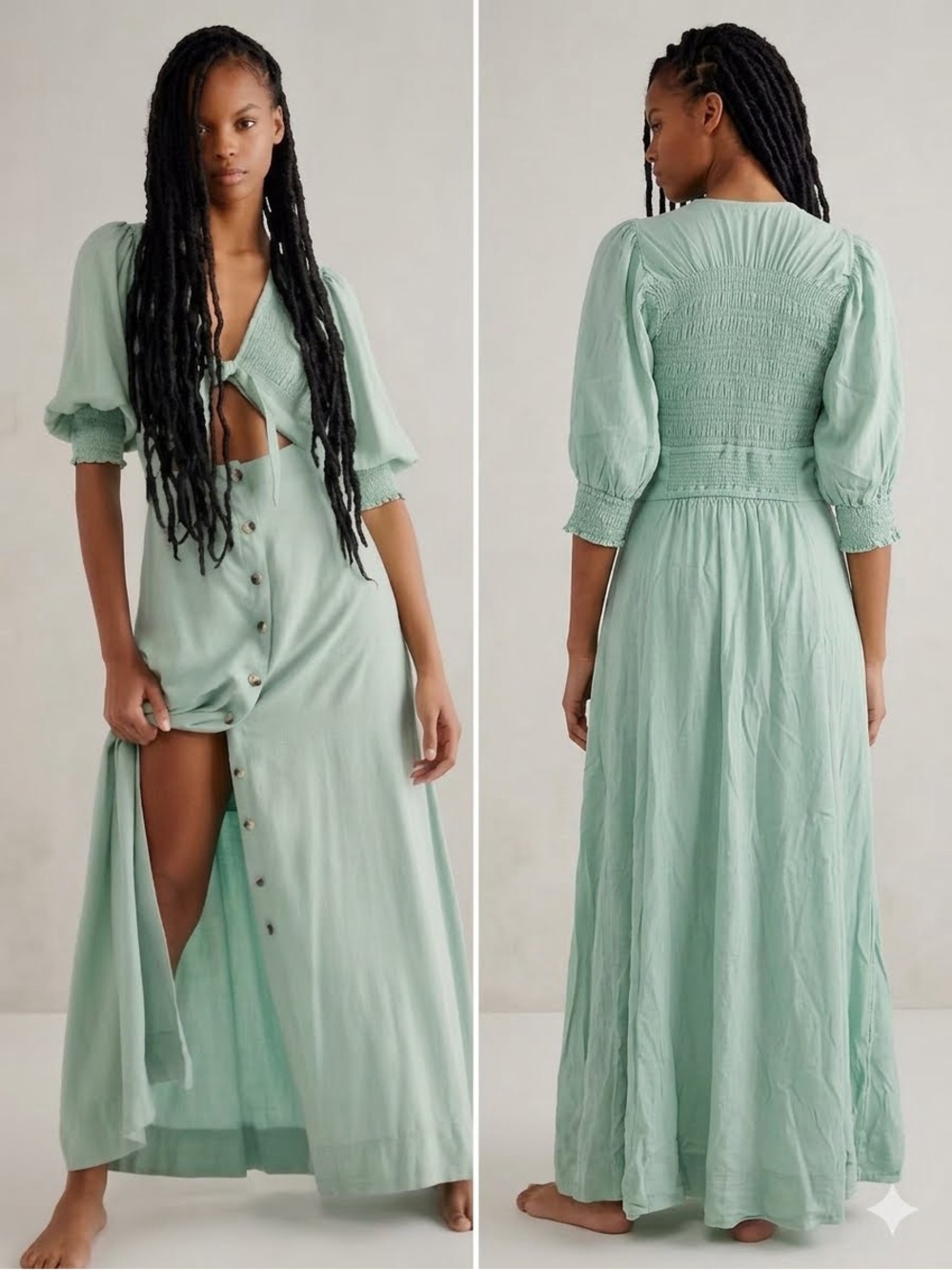 Free People String of Hearts Maxi Dress M Mint Washed Green Linen Blend NWOT